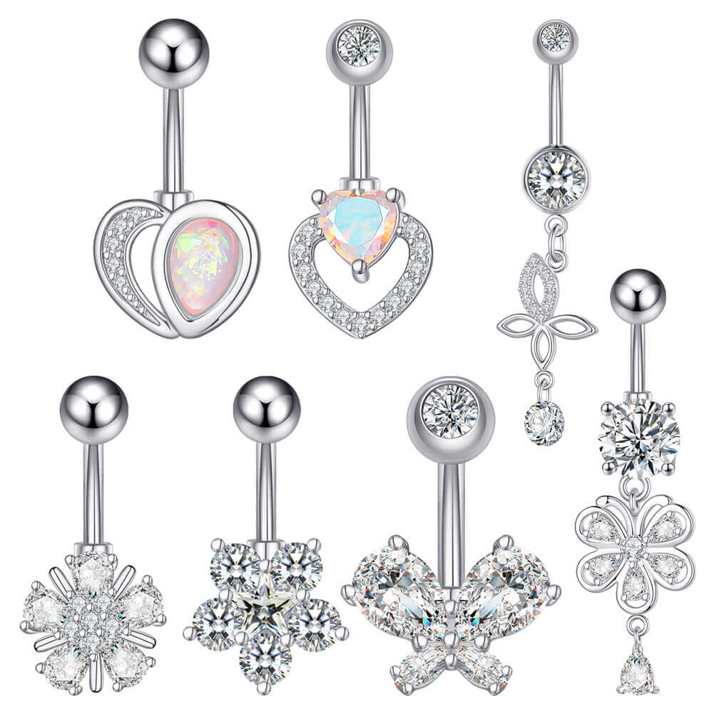 14G 316L Stainless Steel Crystal Belly Button Ring/ Silver/ 