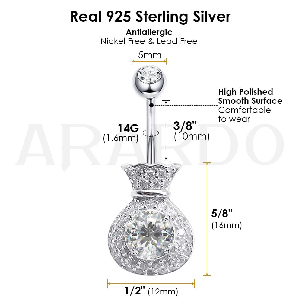 Arardo 925 Sterling Silver 14G Belly Button Rings Navel Rings Belly Rings  Belly Body Piercing Jewelry Classic Double CZ AB0137-1