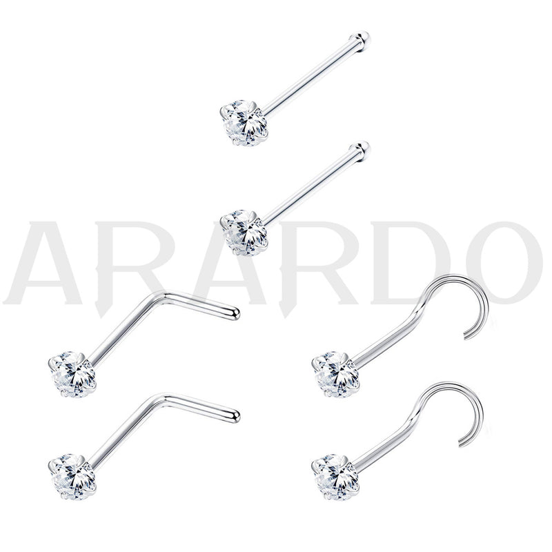 Arardo Sterling Silver Nose Ring, Real 925 Sterling Silver Nose Piercing Jewelry, 2mm CZ 18G, 3Pairs