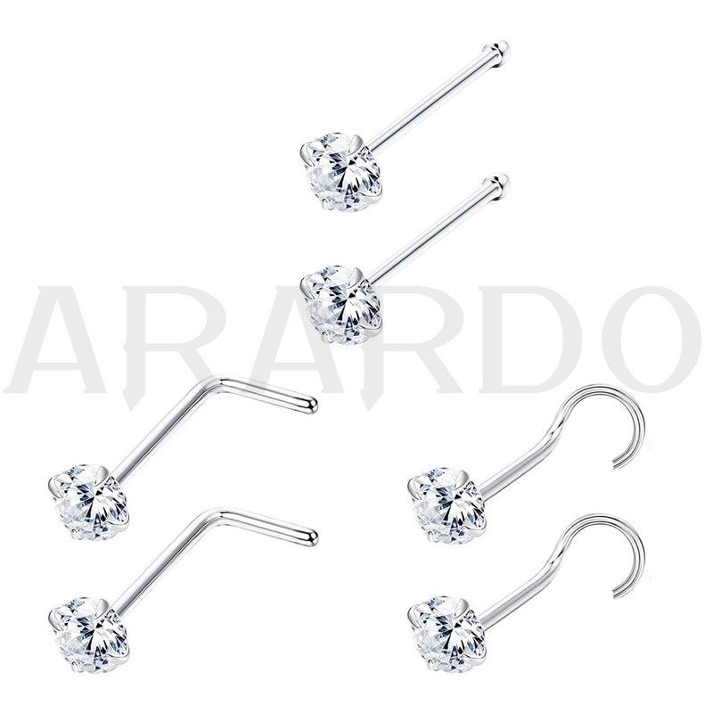 Arardo Sterling Silver Nose Ring, Real 925 Sterling Silver Nose Piercing Jewelry,  3mm CZ 18G, 3Pairs