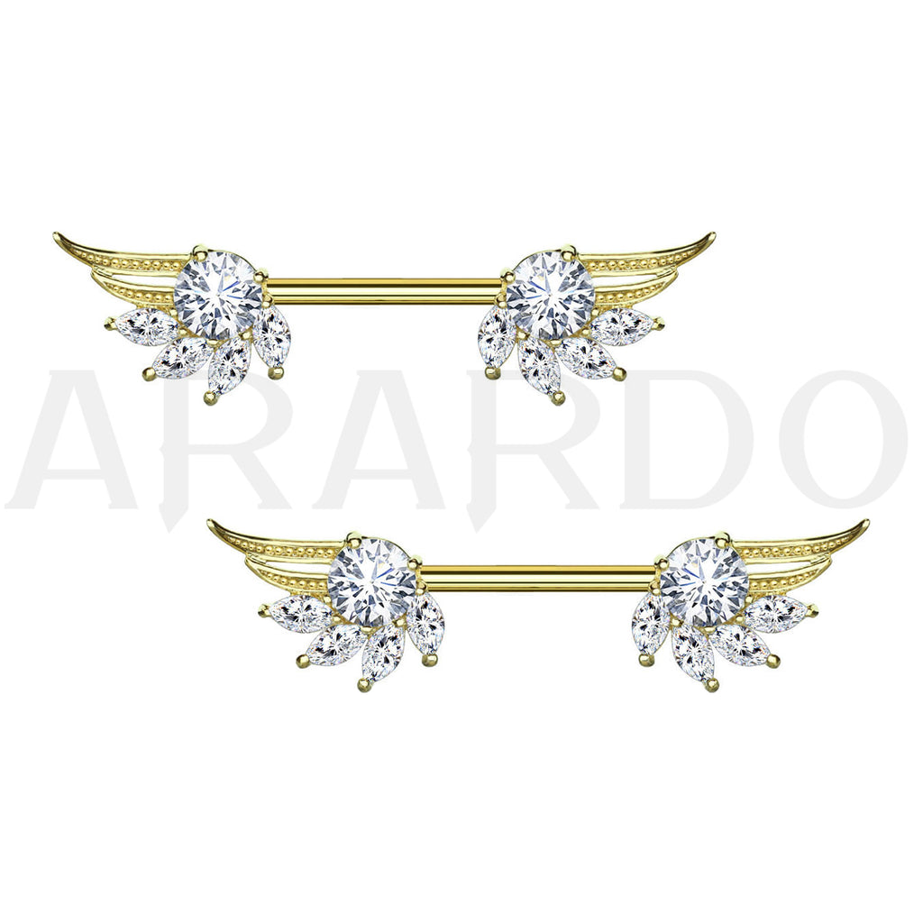 Arardo 316L Stainless Steel Nipple Piercing,High Polished Smooth Surface, Resists Allergy, Wings Gold CZ Nipple Rings Jewelry