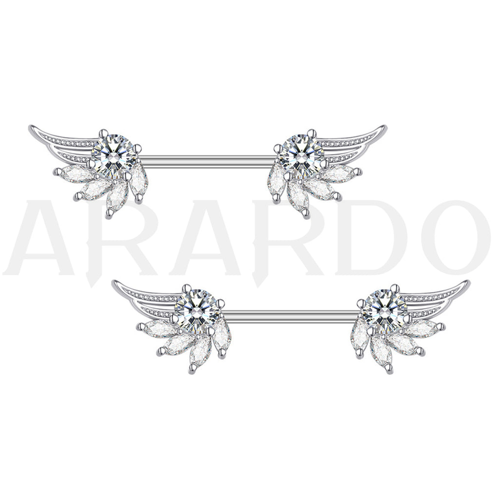 Arardo 316L Stainless Steel Nipple Piercing,High Polished Smooth Surface, Resists Allergy, Wings Silver CZ Nipple Rings Jewelry