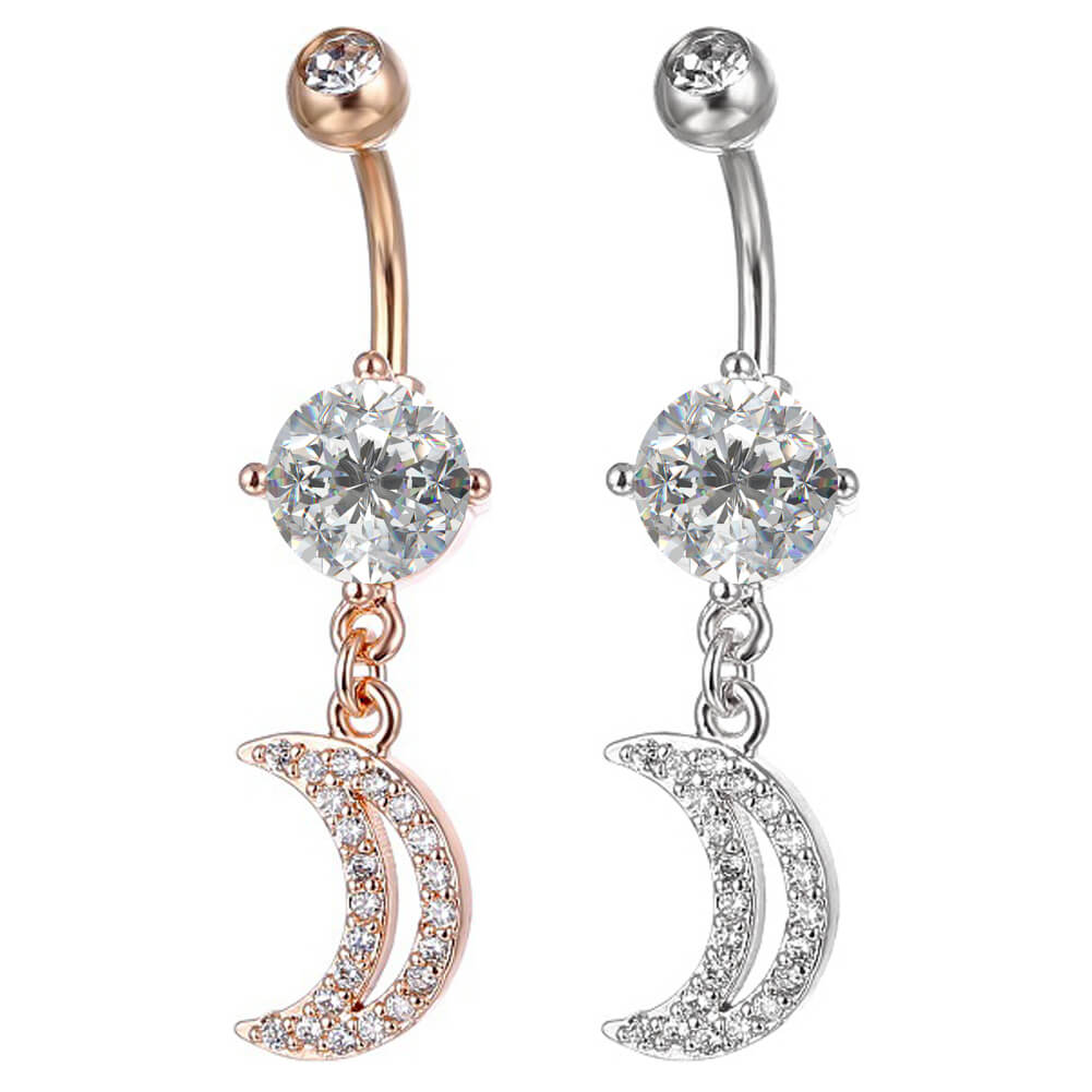 Arardo 14G 316L Surgical Stainless Steel Belly Button Rings, Crystal CZ Navel Rings, 2Pcs Belly Piercing, Dangle Moon, BR44